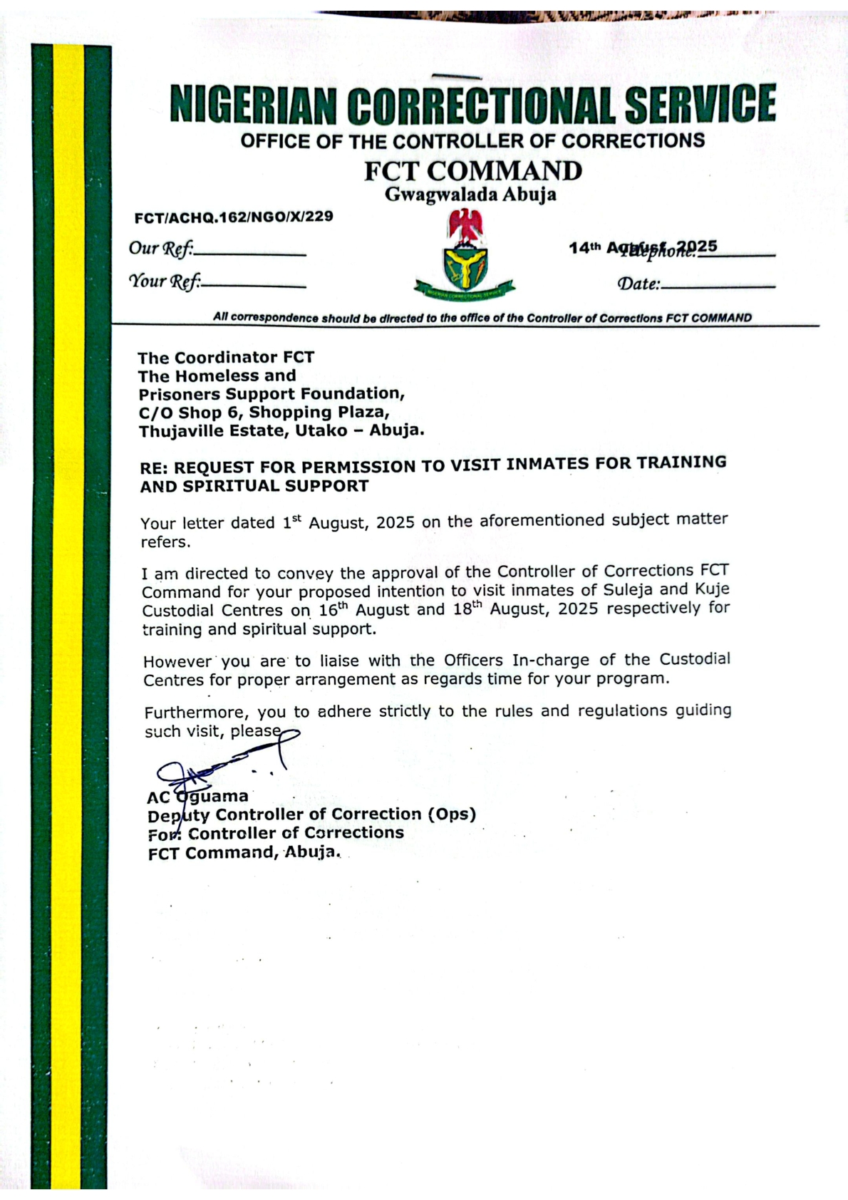 FCT Command Approval - Official approval letter