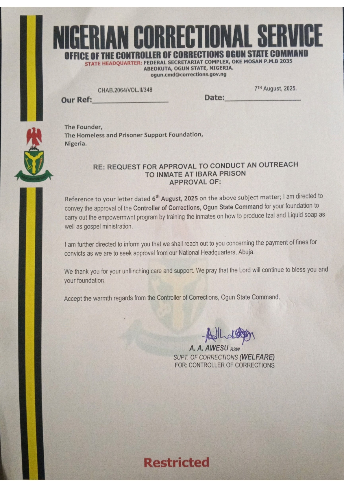 Ogun State Command Approval - Official approval letter